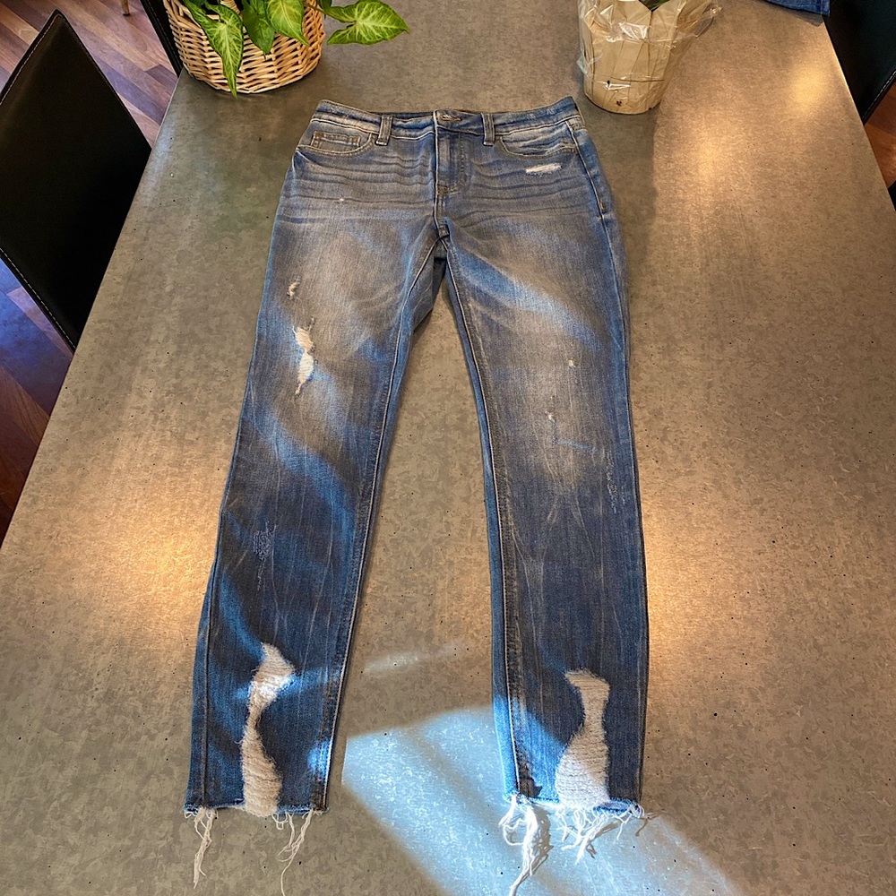 Distressed high rise ankle skinny jeans